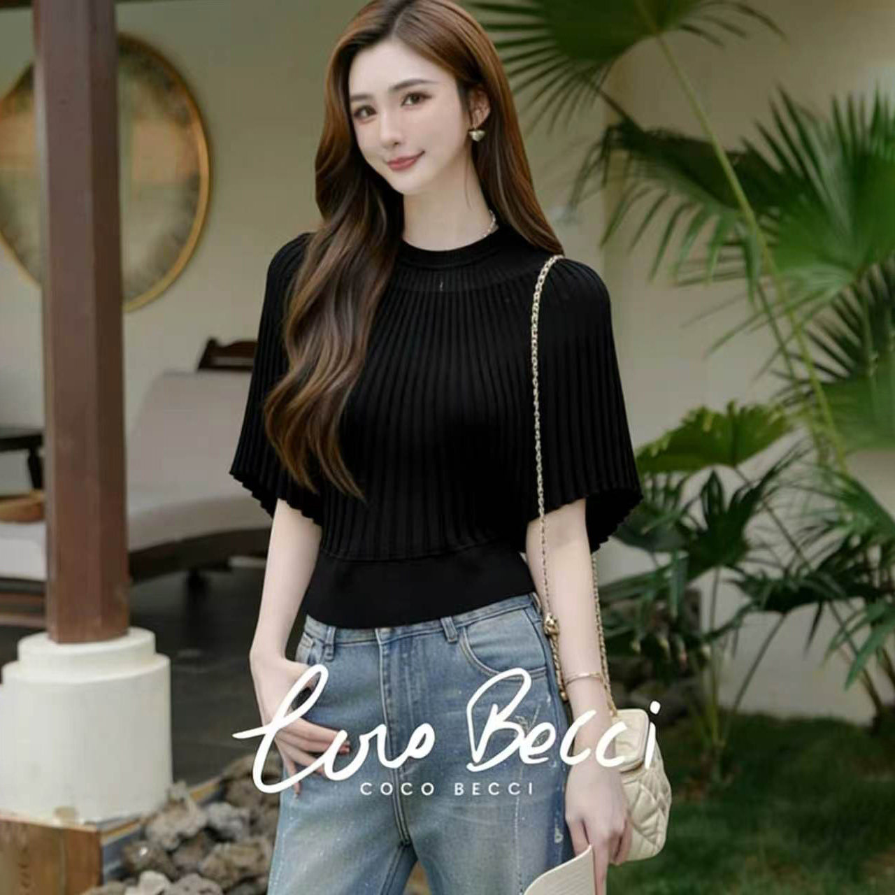 COCO BECCI【斗篷上衣】三宅风圆领百褶披肩套头小衫半袖女夏新款
