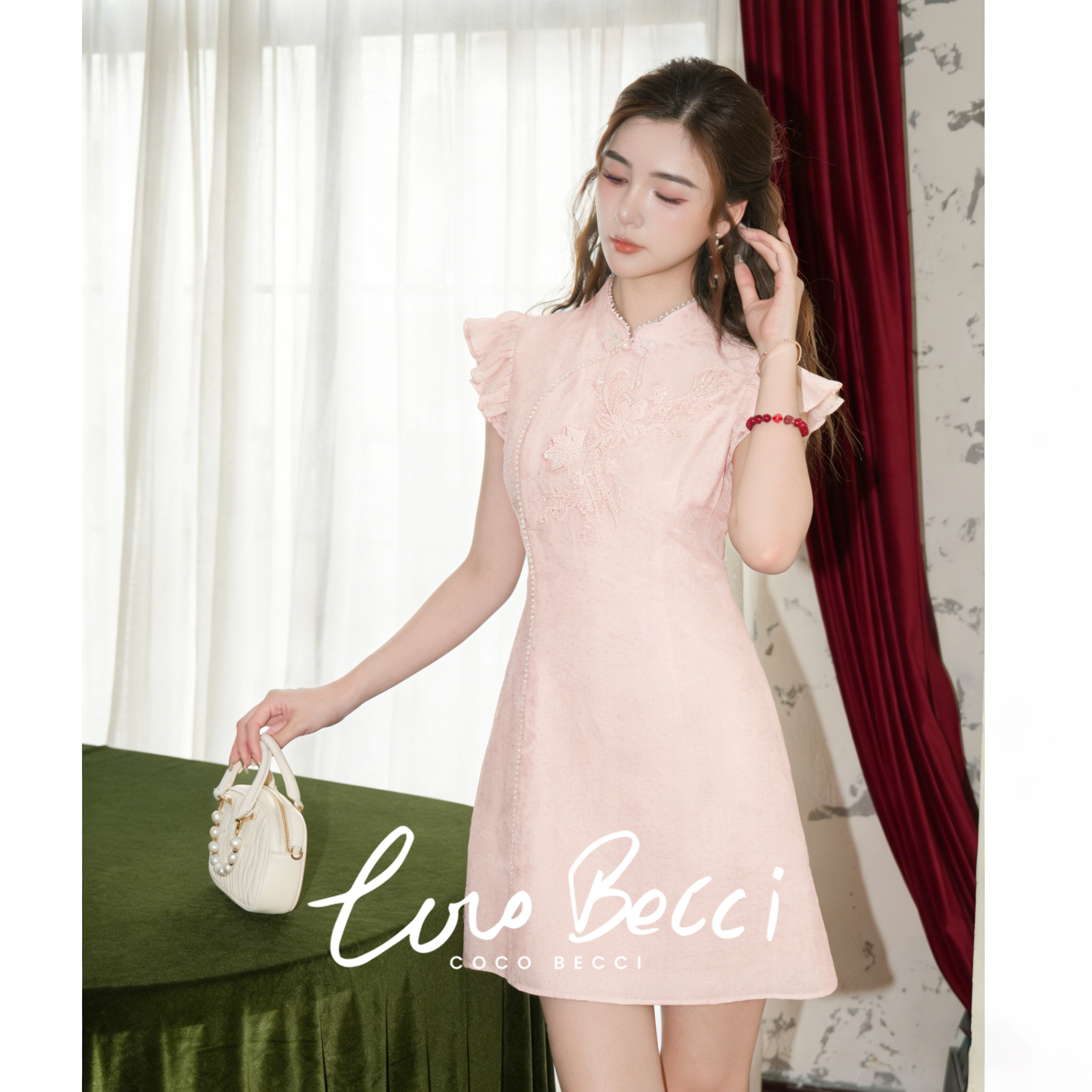 COCO BECCI【豆蔻年华】新中式刺绣珍珠贴花连衣裙短款女夏季新款