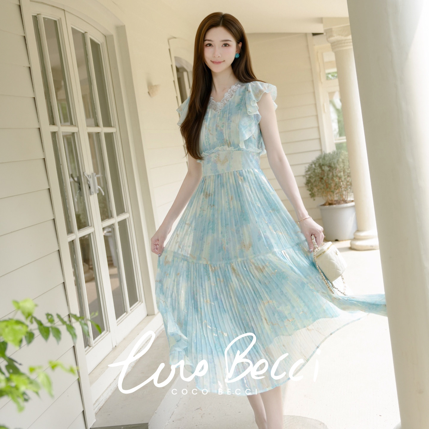 COCO BECCI【夏日物语】晕染印花蕾丝拼接V领显瘦连衣裙长款女夏