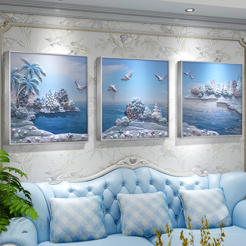 轻奢高档客厅沙发背景墙立体挂画地中海风格海景装饰画立体浮雕画