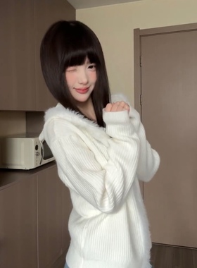 白色奶fufu猫耳朵浣熊绒毛衣外套女秋冬季外搭超好看拉链针织开衫