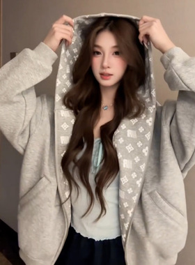 大码复古灰色连帽卫衣女2025秋季款设计感宽松潮牌情侣装拉链外套