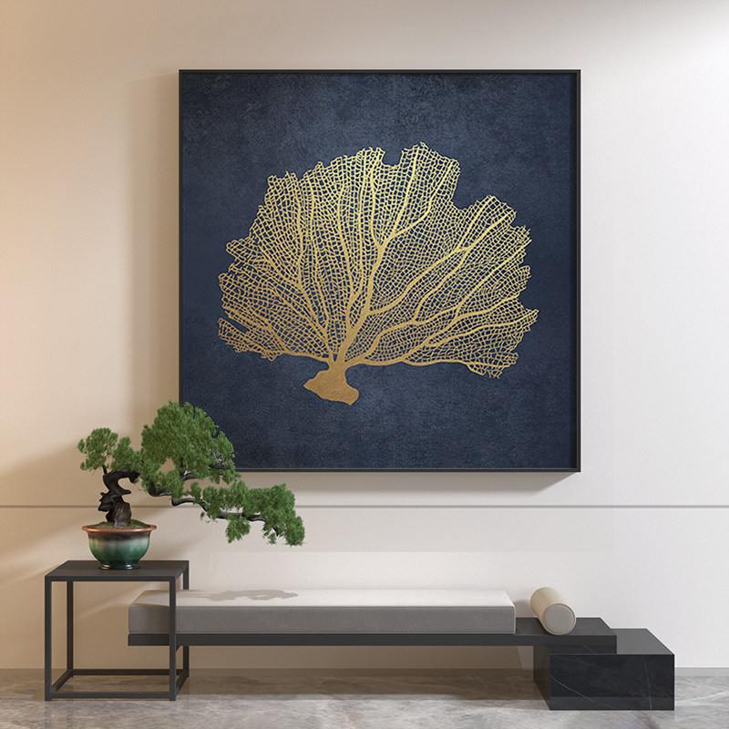 新中式客厅装饰画金黄色发财树样板房玄关端景背景墙壁轻奢挂画