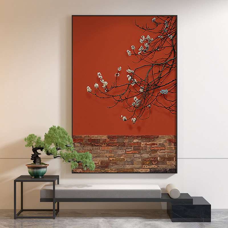 新中式客厅玄关装饰画中国风红色梅花枝条背景墙壁现代轻奢挂画