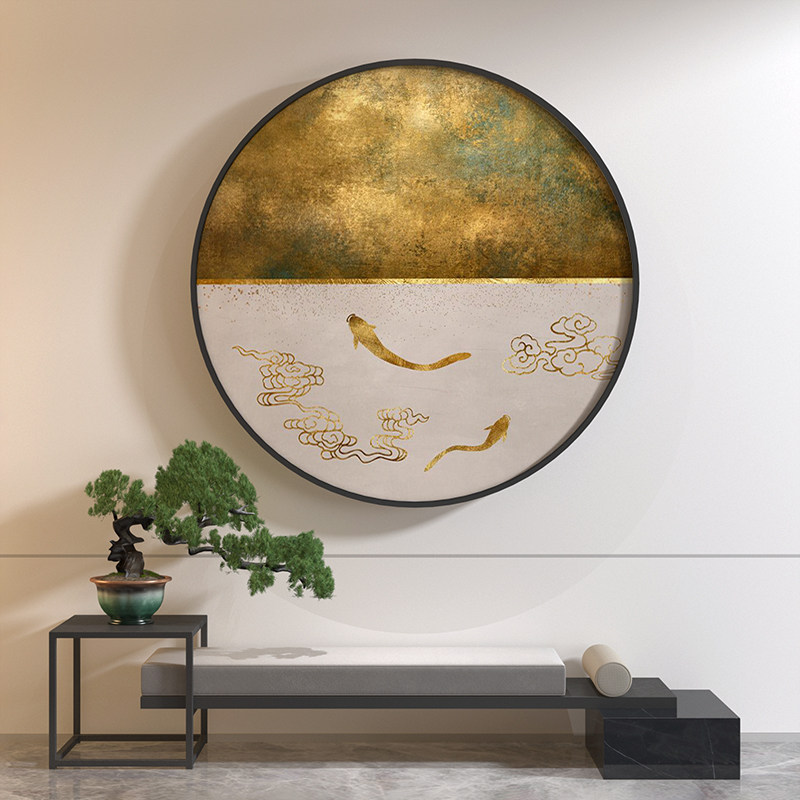 装饰画新中式金色抽象客厅茶室进门玄关端景壁画现代轻奢圆形挂画
