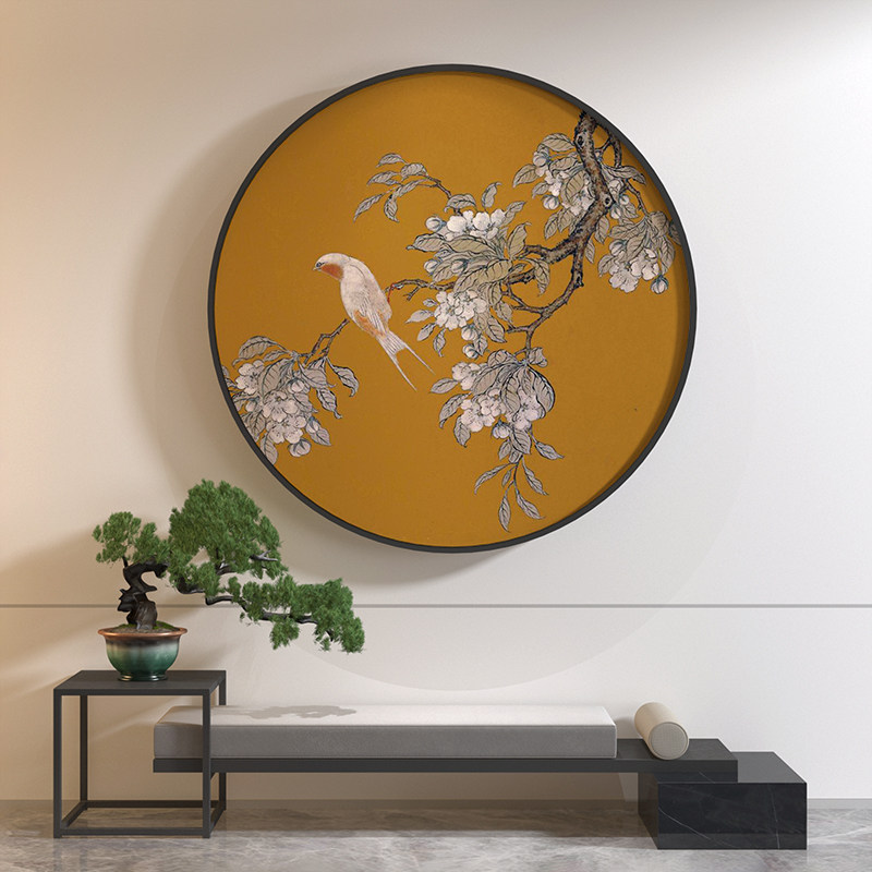 新中式客厅走廊入户玄关装饰画黄色花鸟背景墙壁现代轻奢圆形挂画
