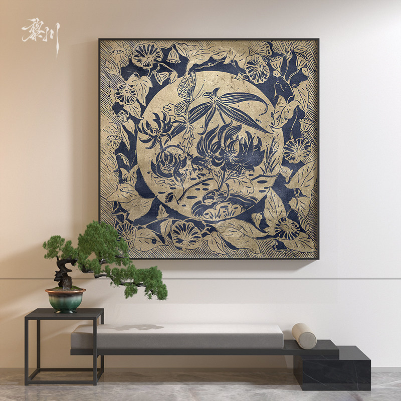 新中式轻奢蓝色抽象植物花卉玄关客厅装饰画背景墙壁画方形挂画