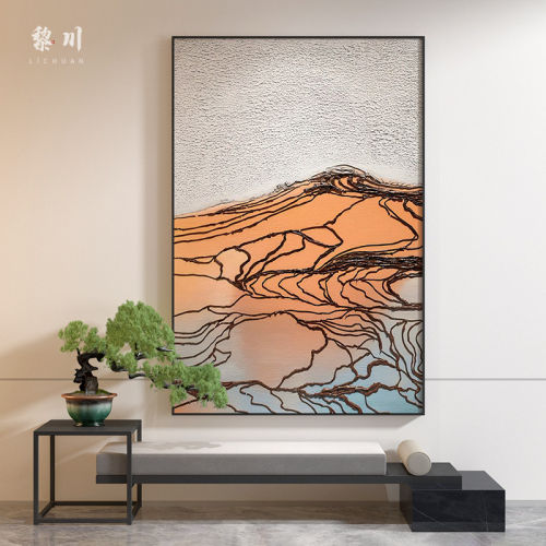 新中式黄色抽象线条梯田客厅装饰画玄关壁画沙发背景墙竖版挂画