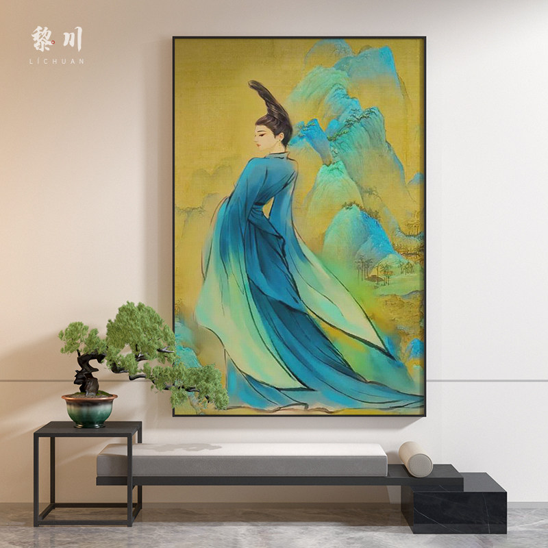 新中式装饰画客厅玄关青绿千里江山美女古典中国风人物壁画挂画