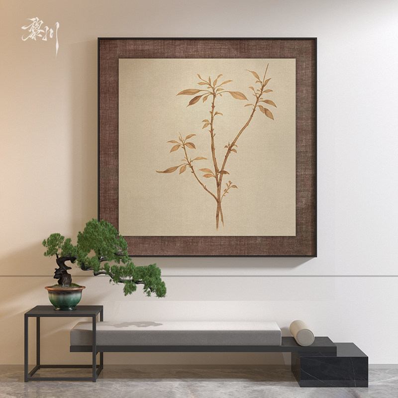《秋枝》复古亚麻棕框浅褐枝叶工笔装饰画卧室走廊方形艺术挂画