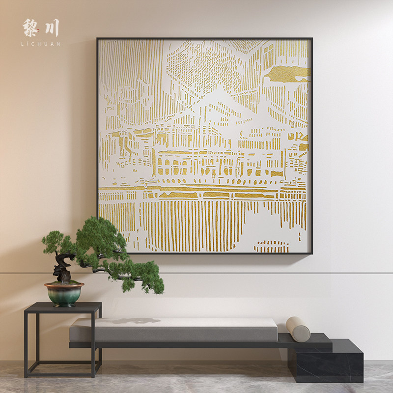 新中式装饰画金黄色建筑楼阁线条抽象高级感客厅玄关壁画方形挂画