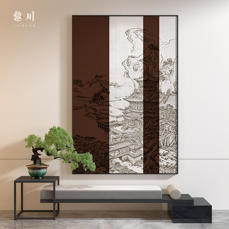 新中式卧室客厅装饰画风景山水阁楼入户玄关壁画走廊尽头竖版挂画