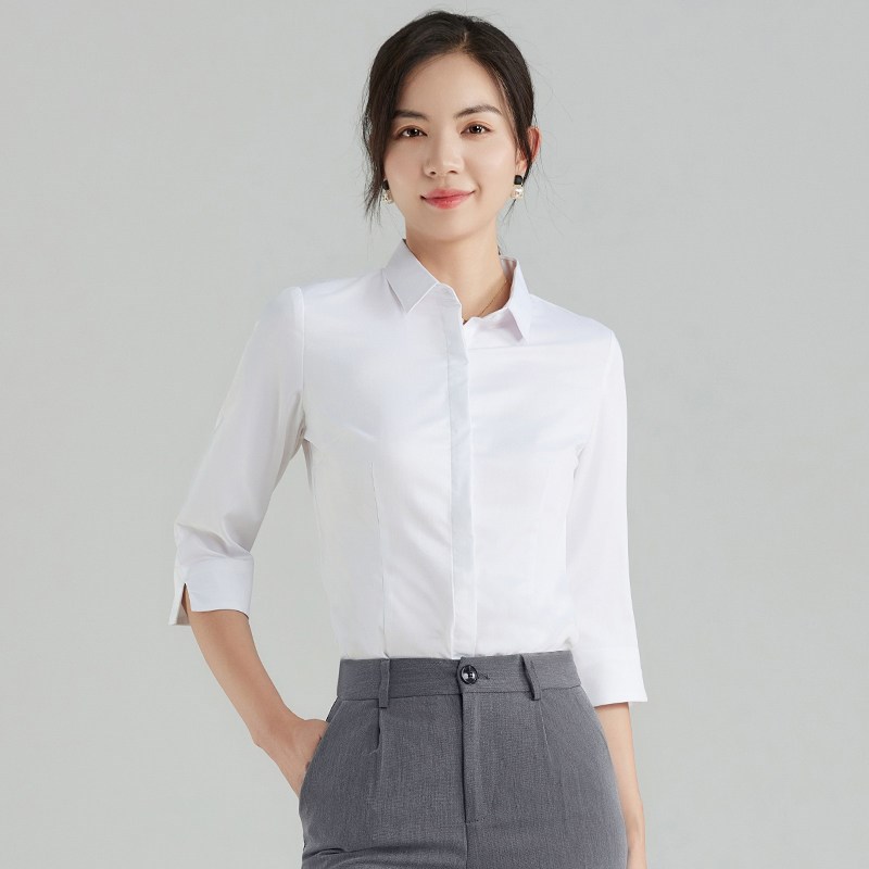 暗扣七分袖衬衫h女职业中袖工作服气质弹力春秋正装长袖白衬衣工
