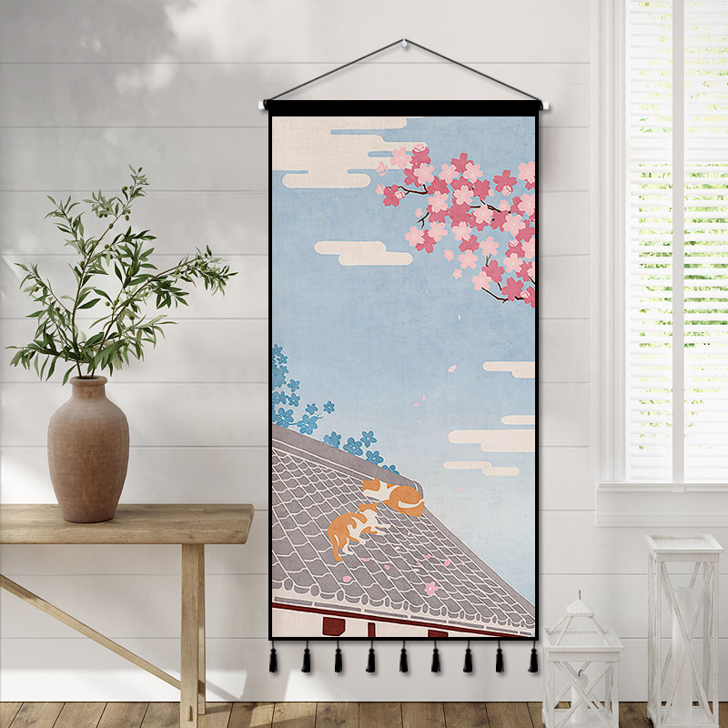 儿童房卡通猫咪布艺挂画小清新背景布ins挂布卧室客厅装饰画挂毯