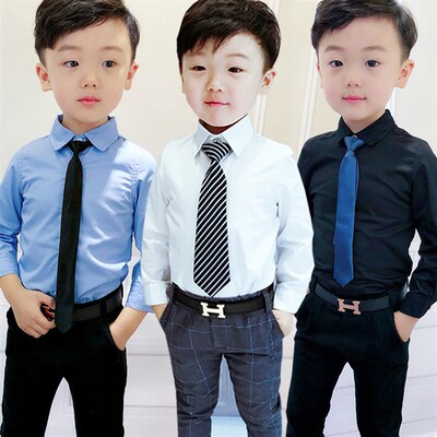 儿童长袖白衬衫男童花童纯棉春秋冬A小童宝宝黑色衬衣夏234567岁