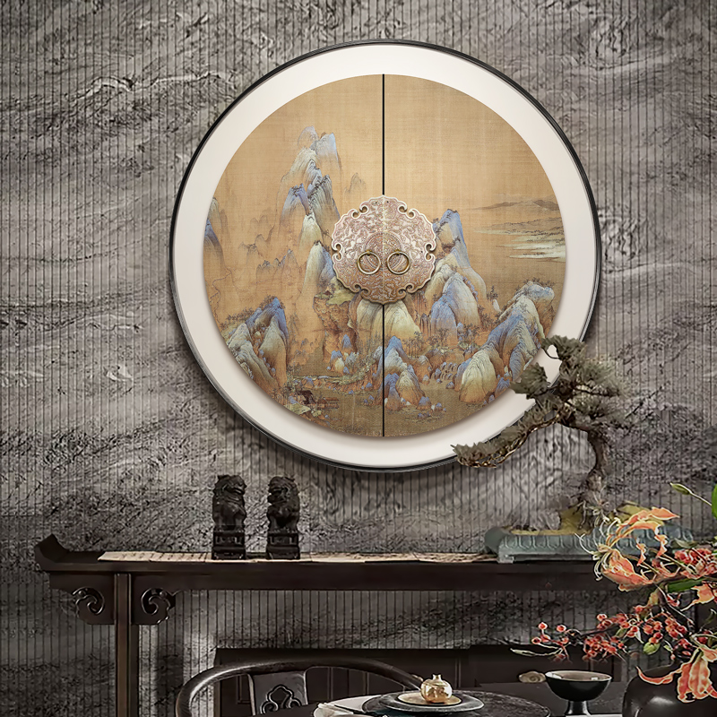 新中式玄关圆形装饰画茶室背景墙面立体壁画私宅别墅对门过道挂画图片