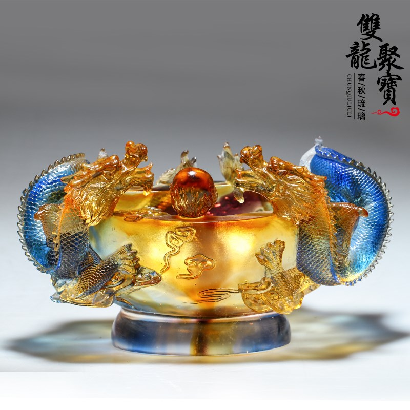 琉璃龙聚宝盆招财双龙戏珠礼品摆件工艺品店铺财V位聚财开业礼物