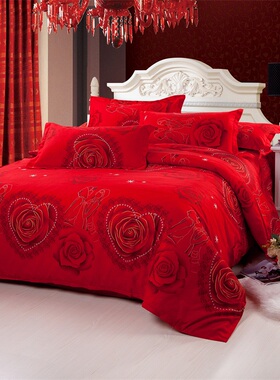 婚庆全棉四件套大红1.8m/2.0米床双人结婚被套床单式床上用品