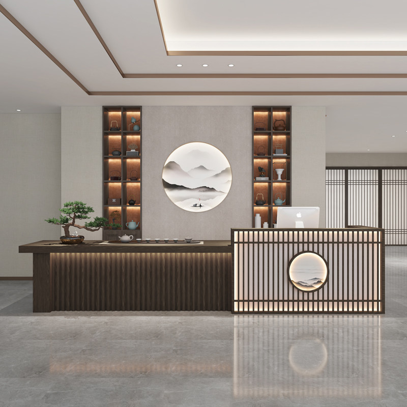 现代中式茶叶店养生馆吧台一体收银柜台美容院瑜伽馆前台接待台定