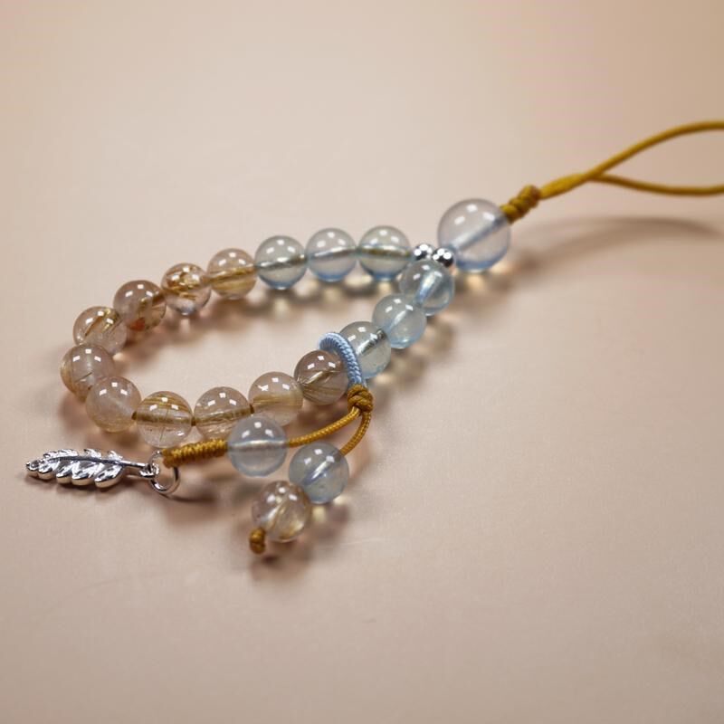 海蓝宝手机挂绳女短款手工串珠银饰挂件天然金发晶指环扣水晶挂饰
