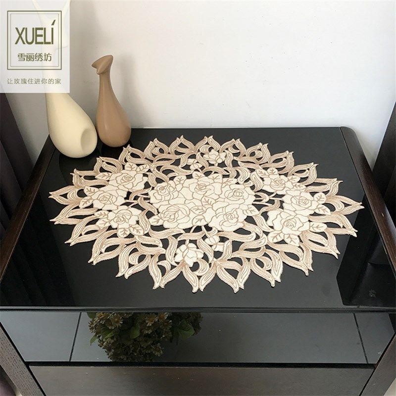 西餐垫床头柜微波炉盖巾布艺绣花欧式美式椭圆桌布桌垫咖啡玫瑰