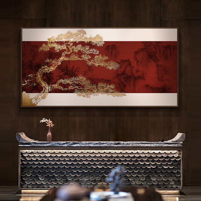 新中式客厅大幅装饰画酒店大厅浮雕肌理壁画茶室大气风景挂画