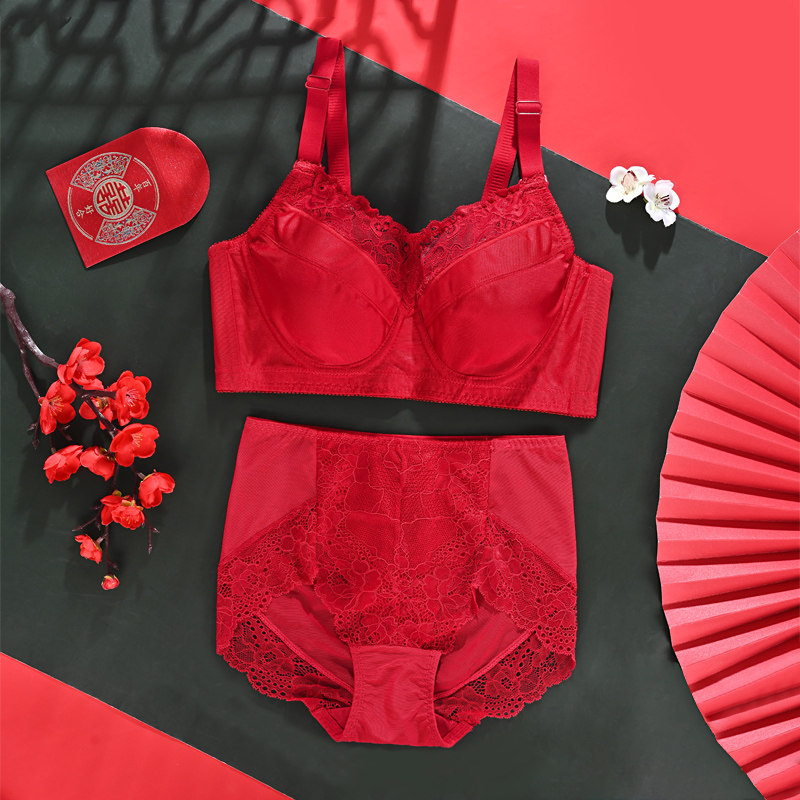 2025蛇年本命年内衣套装女大胸显小全罩杯有钢圈防下垂大红色文胸