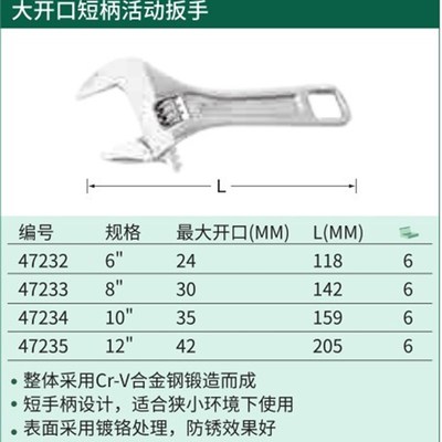 世达  大开口短柄活动扳手6 47232