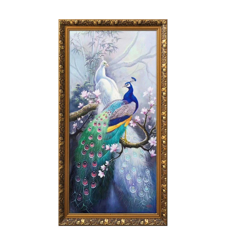 2020新款5d钻石画满钻客厅竖版玄关富贵花开孔雀贴钻十字绣砖石画