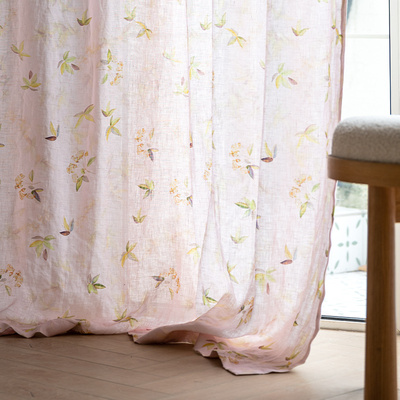 本原立春节气 100%纯亚麻植物印花浅粉红窗帘定制布纱两用小清新