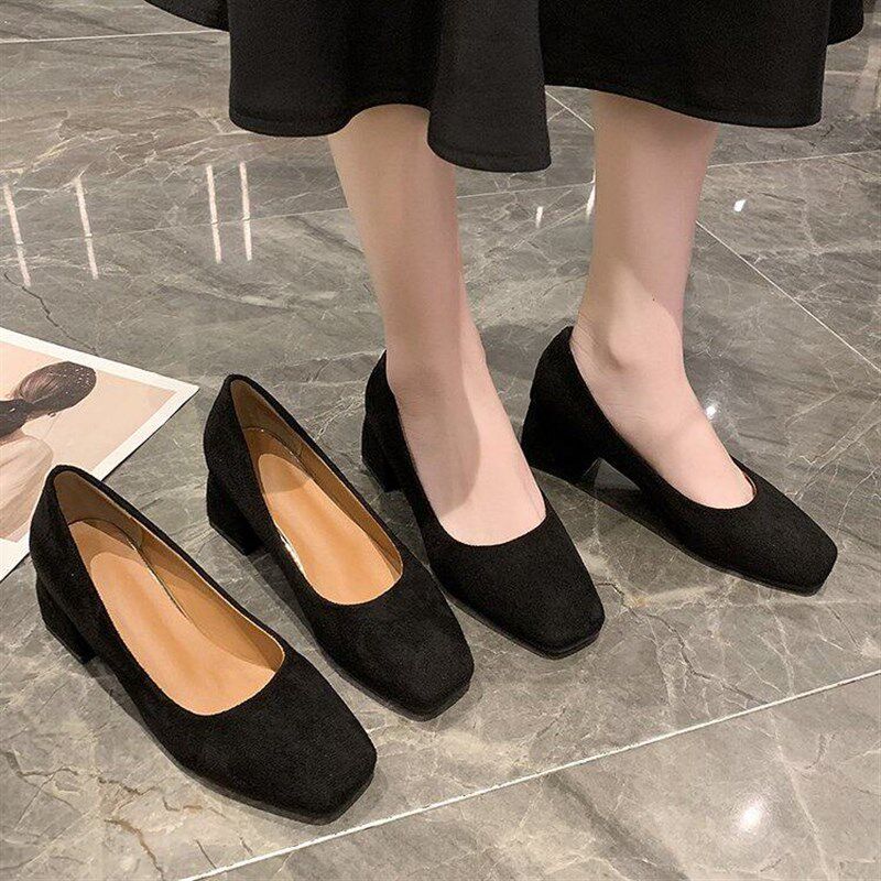 上班高跟鞋女黑色粗跟5cm大尺码41-43绒面学N生方头工作职业礼物