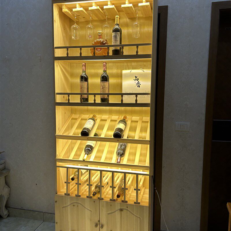 落地酒柜实木红酒架展示柜葡萄酒置E物架酒吧收纳带灯靠墙高脚杯