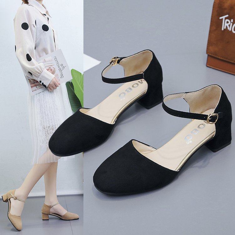 方头粗跟单鞋女一字扣q黑色绒面工作职业低跟3公分中空百搭上班鞋
