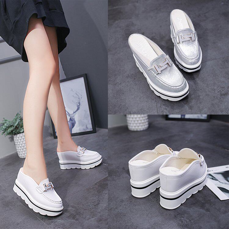 包头半拖鞋女2021春季厚底内增高10CM松糕鞋坡跟懒人无后跟女拖鞋