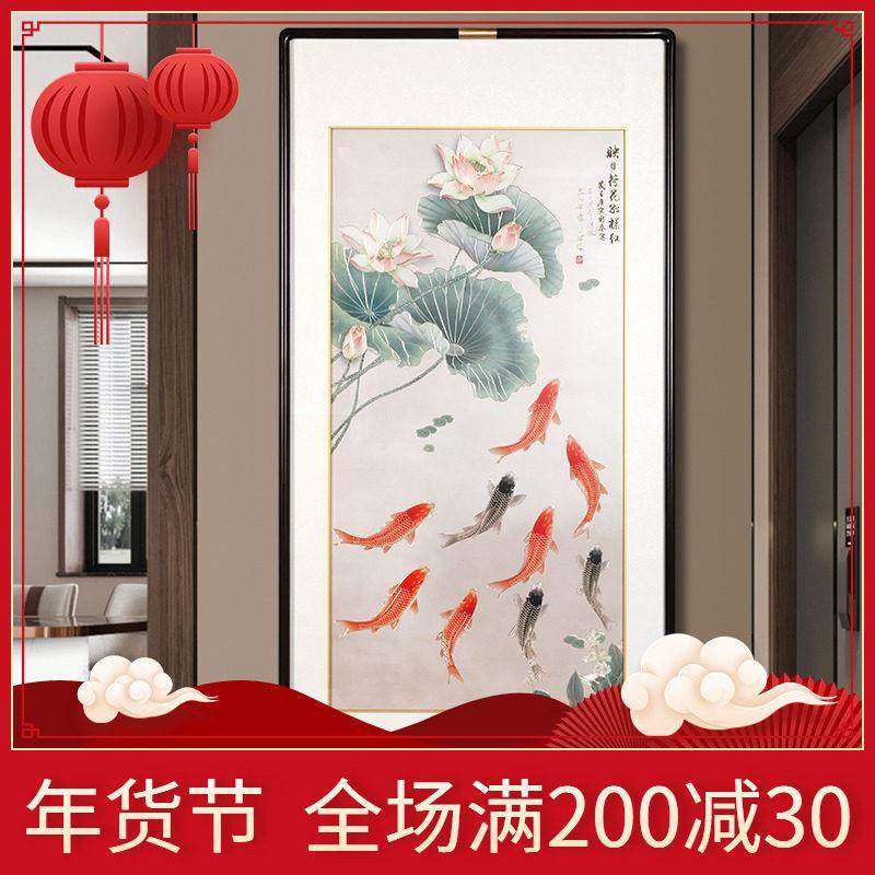 玄关画2024年新款高端正对门新中式走廊挂画手工铜雕新荷花九鱼图,家居饰品,现代装饰画,淘宝优惠券,粉丝福利购,淘宝优惠卷