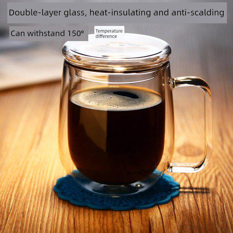 明山德双层玻璃家用高硼硅耐热防爆水杯带盖勺办公咖啡杯