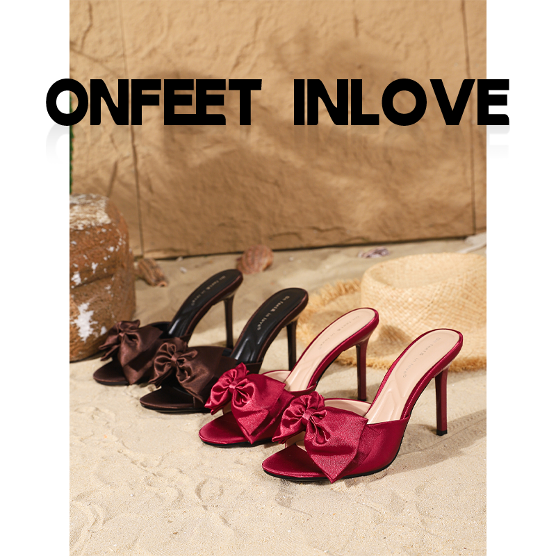 法式蝴蝶结细跟凉拖鞋