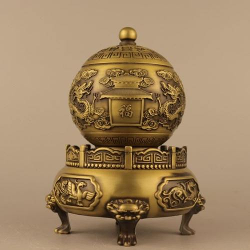 纯铜时来运转熏香炉四大神兽百福双龙九转乾坤鼎摆件九转香炉铜器