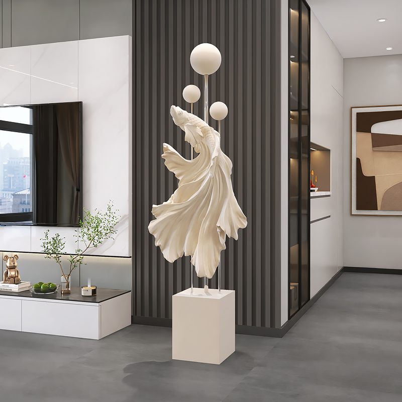 大型新中式植绒斗鱼客厅s沙发电视柜旁落地摆件轻奢乔迁礼物雕塑