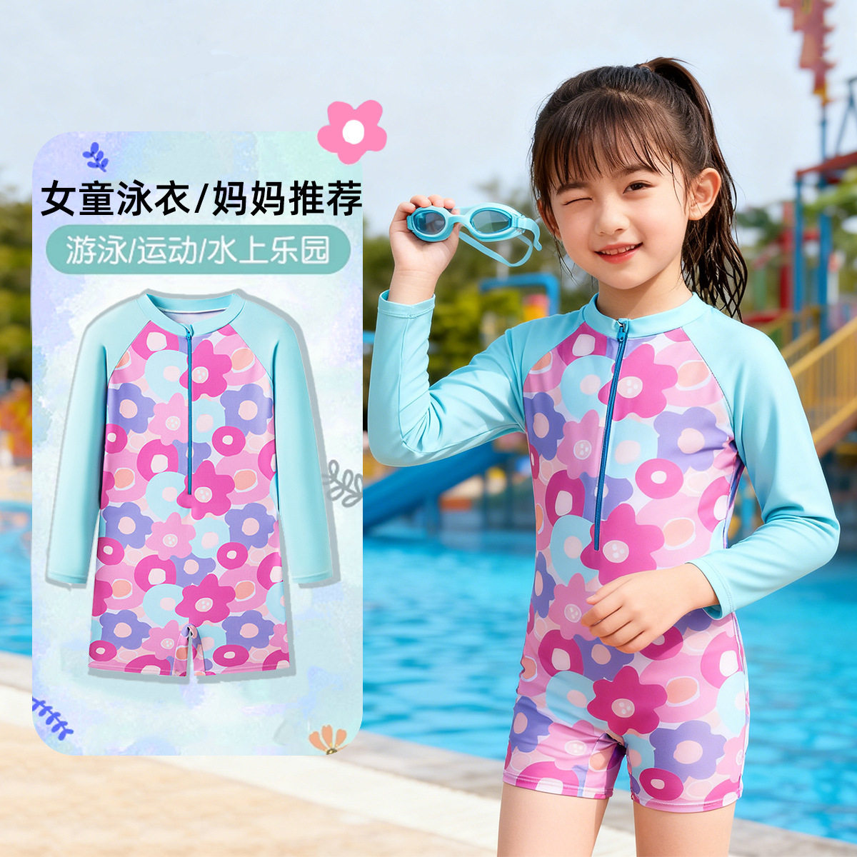 女童泳衣长袖防晒连体游泳衣中大童学生运动训练可爱公主平角泳装