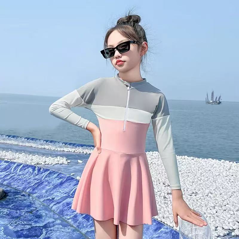 儿童泳衣女童2025新款女孩连体中大童专业训练速干长袖游泳馆专用