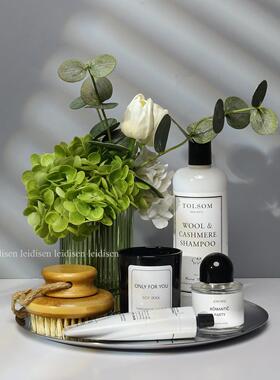 轻奢现代样板房洗手间浴缸旁圆托盘洗衣液香薰收纳托盘组合摆件
