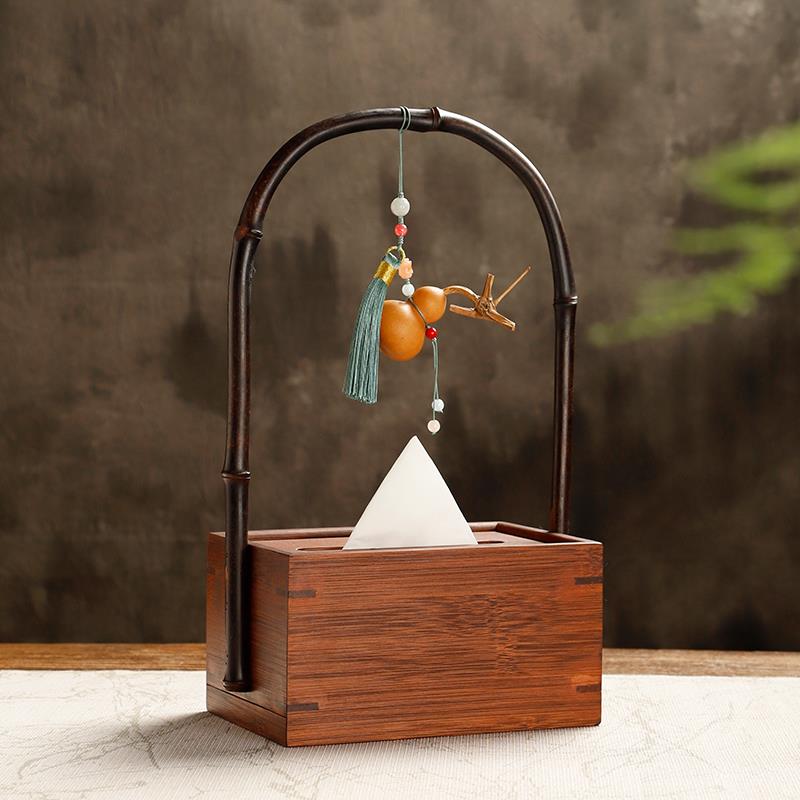 竹制手提式抽纸盒创意福禄纸巾盒新中式收纳摆件客厅实木餐巾纸盒