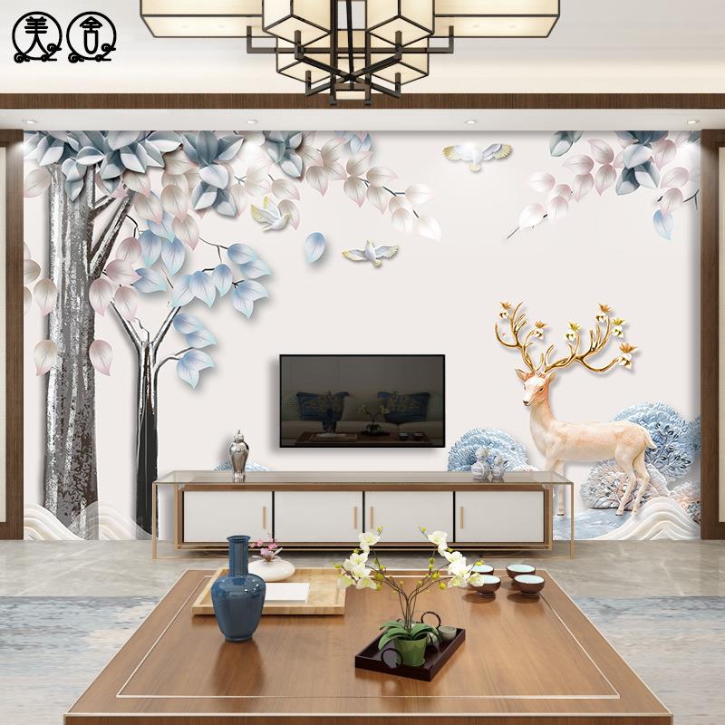 自粘壁纸电视背景墙壁画北欧麋鹿客厅墙纸卧室床头网红间墙布