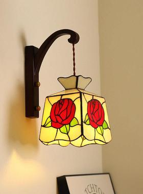 法式复古玫瑰花床头壁灯卧室实木温馨玻璃小夜灯过道装饰墙灯casa