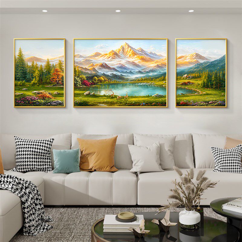 背有靠山客厅装饰画轻奢高级感山水画沙发背景墙挂画手绘三联壁画