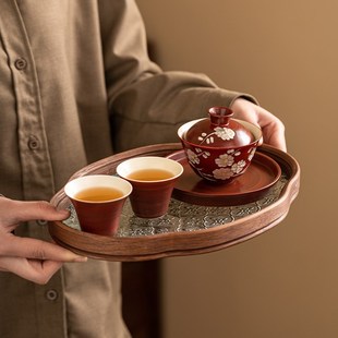 描银泡茶敬茶碗 手绘山楂红陶瓷三才盖碗家用单个功夫茶具茶杯套装