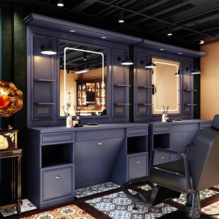 复古美发店镜台理发镜子带灯男士油头馆barber理发店实木发廊专用