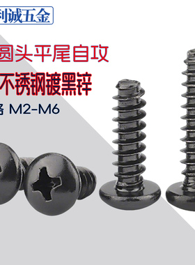 黑色304不锈钢圆头平尾自攻螺丝PB镀黑锌十字盘头断尾钉M2345-M6