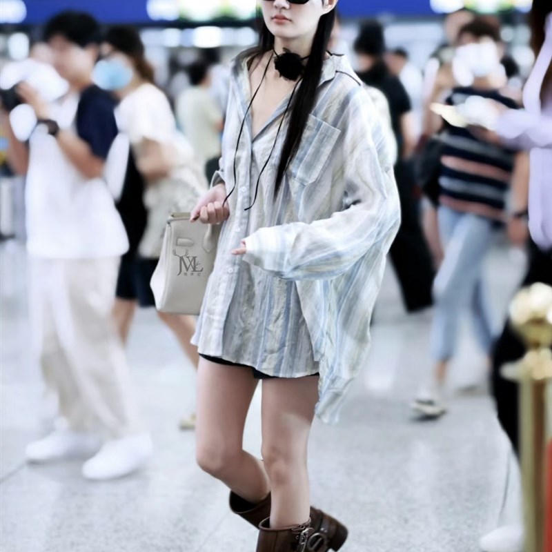 徐璐韩素希同款条纹衬衫外套女薄款慵懒风宽松休闲百搭中长款上衣